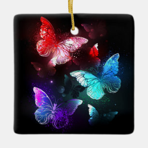Three Glowing Butterflies on night background Ceramic Ornament