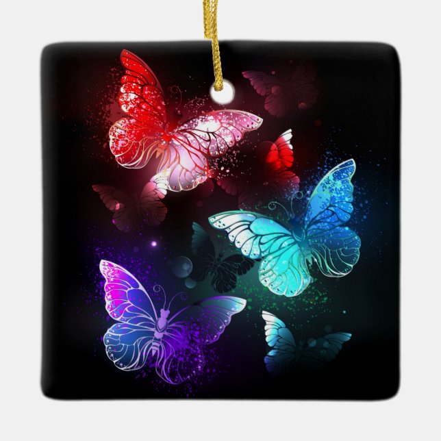 Three Glowing Butterflies on night background Ceramic Ornament (Front)