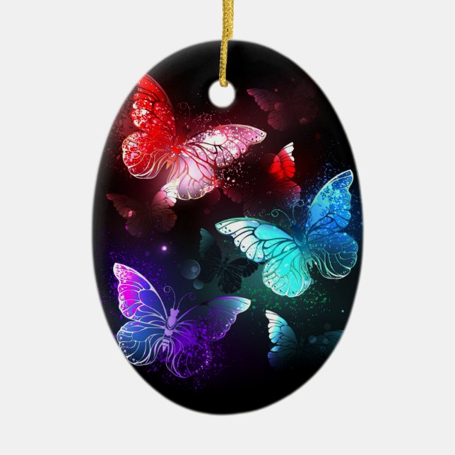 Three Glowing Butterflies on night background Ceramic Ornament (Front)