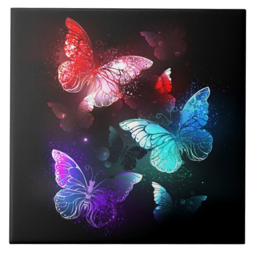 Three Glowing Butterflies on night background Ceramic Tile