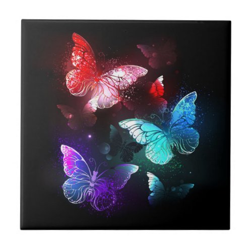 Three Glowing Butterflies on night background Ceramic Tile