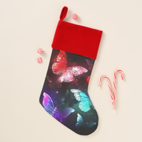 Three Glowing Butterflies on night background Christmas Stocking