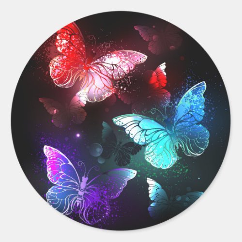 Three Glowing Butterflies on night background Classic Round Sticker