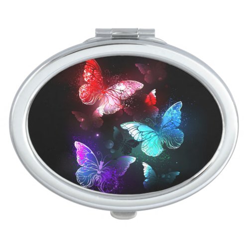 Three Glowing Butterflies on night background Compact Mirror