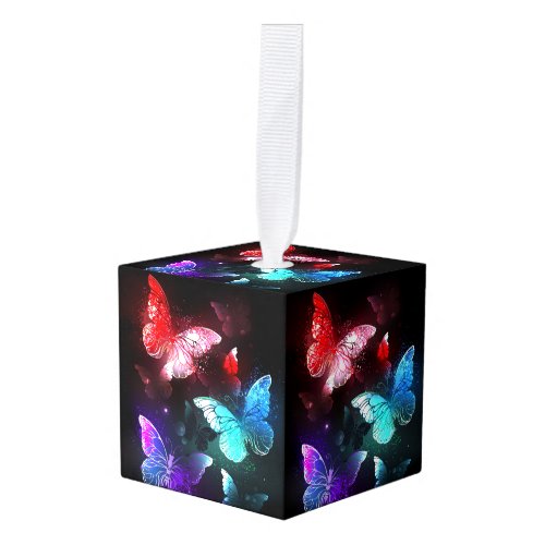 Three Glowing Butterflies on night background Cube Ornament