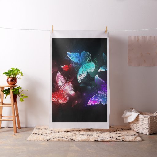 Three Glowing Butterflies on night background Fabric