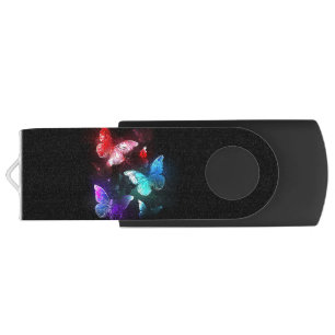 Three Glowing Butterflies on night background Flash Drive