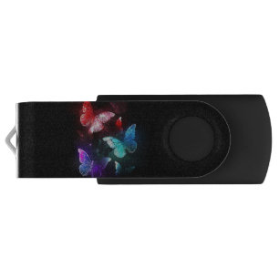 Three Glowing Butterflies on night background Flash Drive
