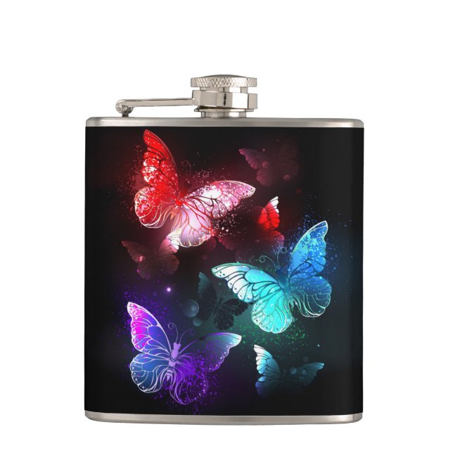 Three Glowing Butterflies on night background Flask (Front)