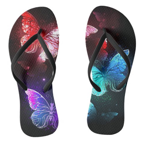 Three Glowing Butterflies on night background Flip Flops