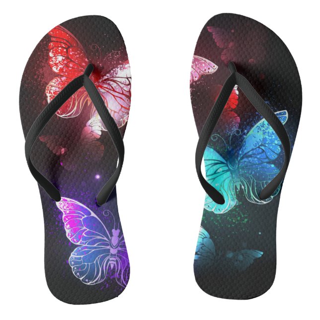 Three Glowing Butterflies on night background Flip Flops (Footbed)