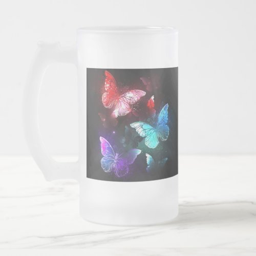 Three Glowing Butterflies on night background Frosted Glass Beer Mug
