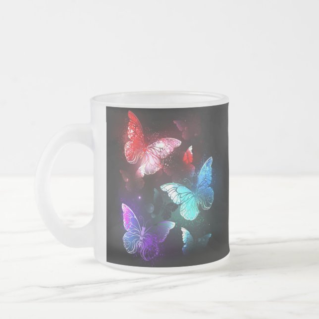 Three Glowing Butterflies on night background Frosted Glass Coffee Mug (Left)