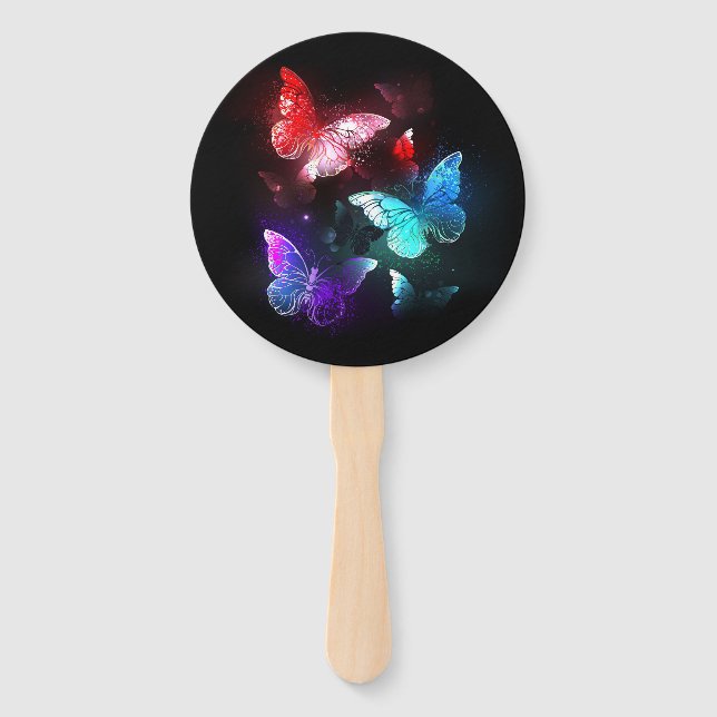Three Glowing Butterflies on night background Hand Fan (Front)