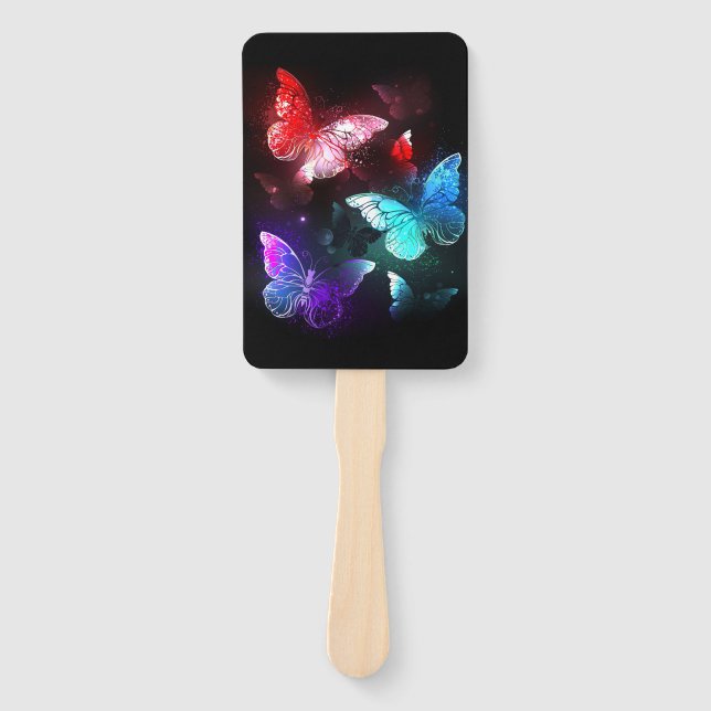 Three Glowing Butterflies on night background Hand Fan (Front)