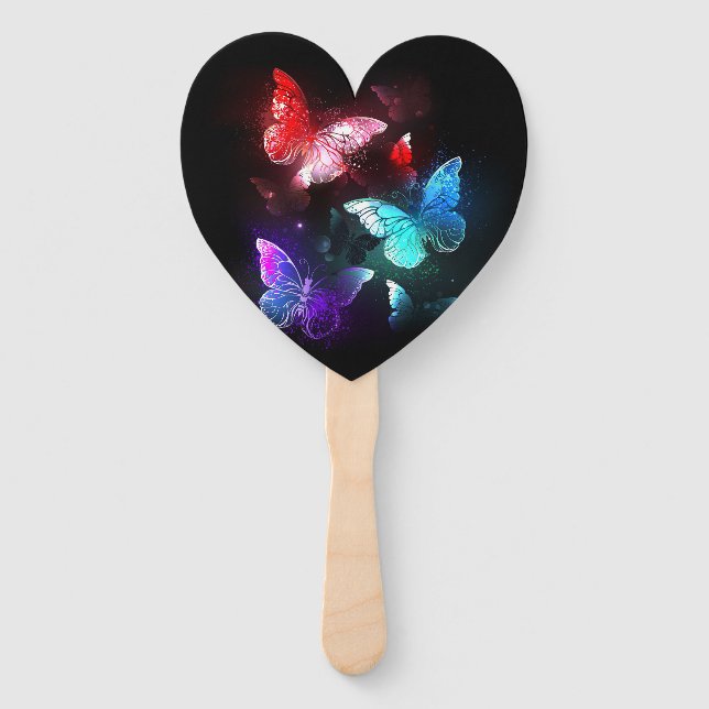 Three Glowing Butterflies on night background Hand Fan (Front)