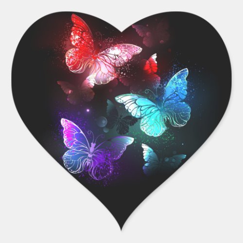 Three Glowing Butterflies on night background Heart Sticker