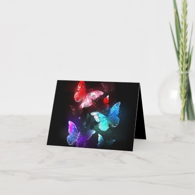 Three Glowing Butterflies on night background Holiday Card (Front)