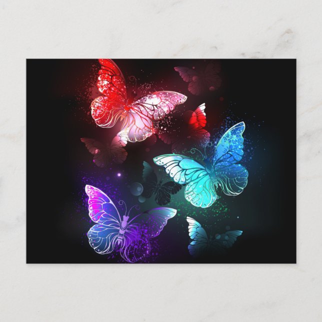 Three Glowing Butterflies on night background Invitation Postcard (Front)
