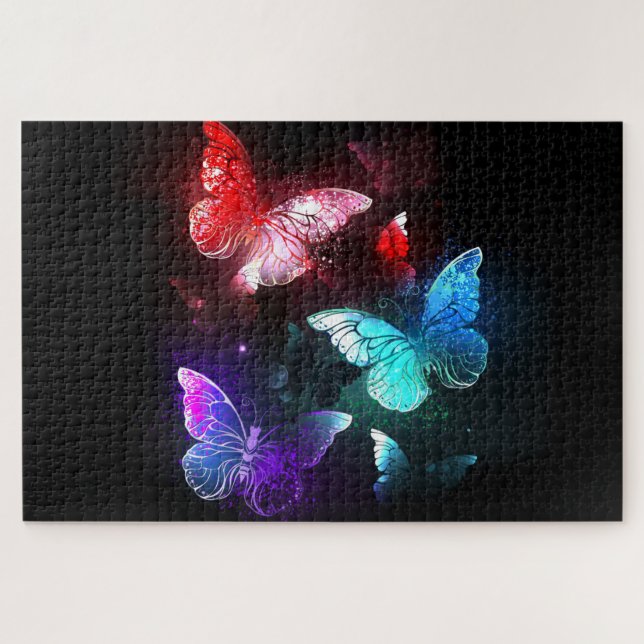 Three Glowing Butterflies on night background Jigsaw Puzzle (Horizontal)