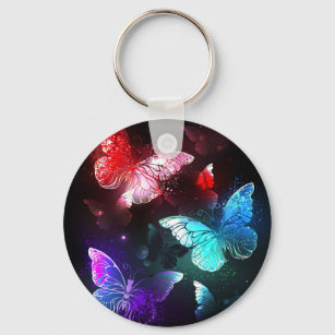 Three Glowing Butterflies on night background Keychain