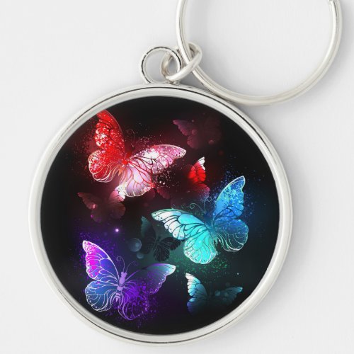 Three Glowing Butterflies on night background Keychain