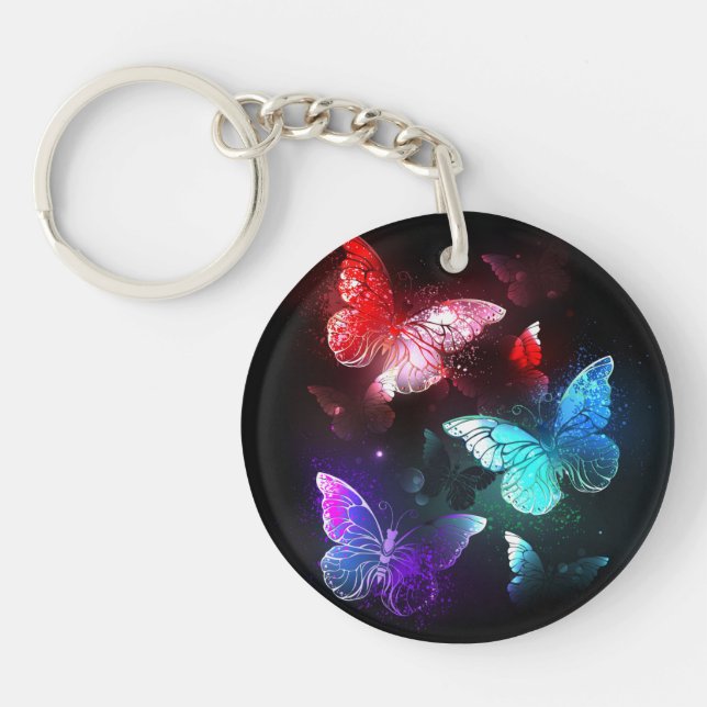 Three Glowing Butterflies on night background Keychain (Front)