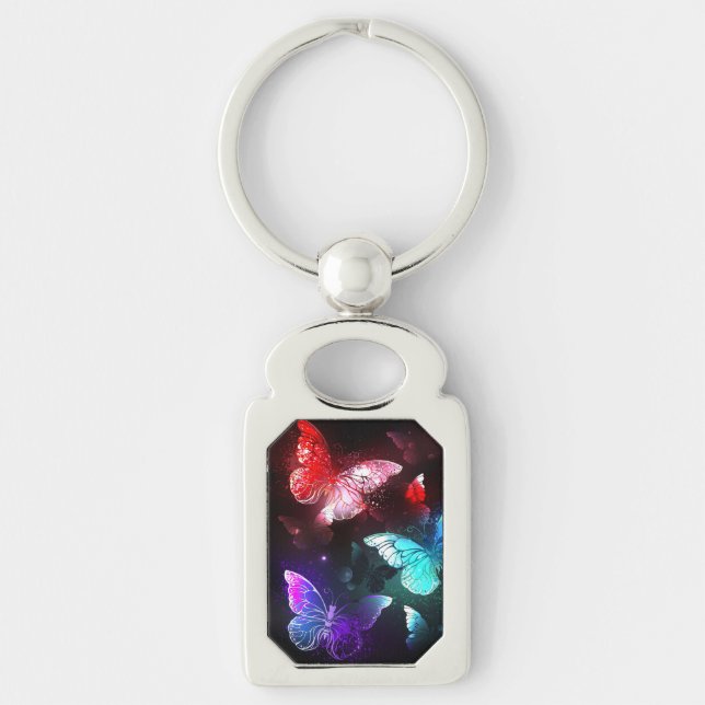 Three Glowing Butterflies on night background Keychain (Front)