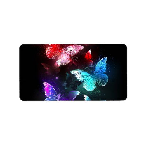 Three Glowing Butterflies on night background Label