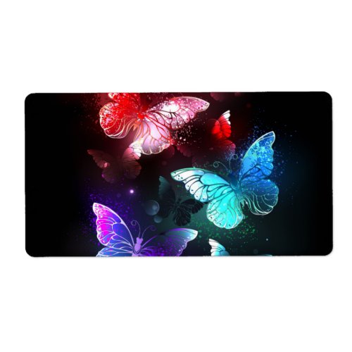 Three Glowing Butterflies on night background Label