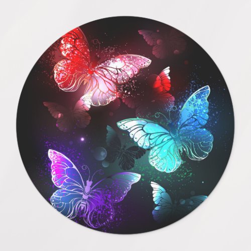 Three Glowing Butterflies on night background Labels