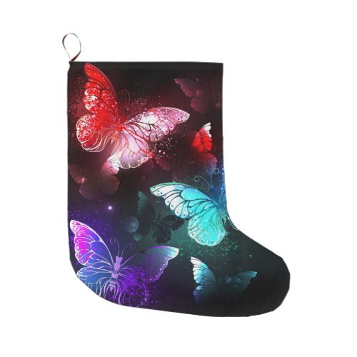 Three Glowing Butterflies on night background Large Christmas Stocking