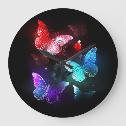 Three Glowing Butterflies on night background Large Clock