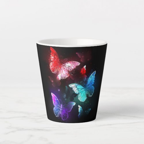 Three Glowing Butterflies on night background Latte Mug