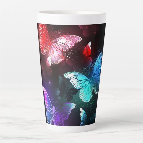 Three Glowing Butterflies on night background Latte Mug