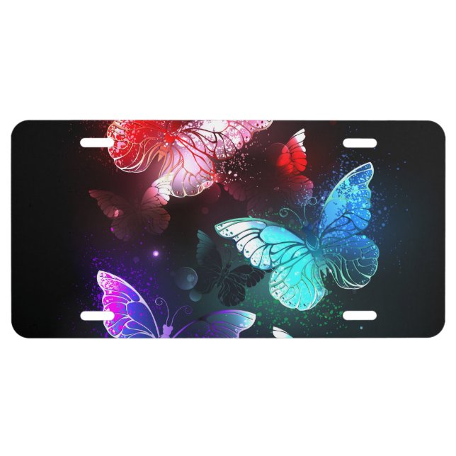 Three Glowing Butterflies on night background License Plate (Front)