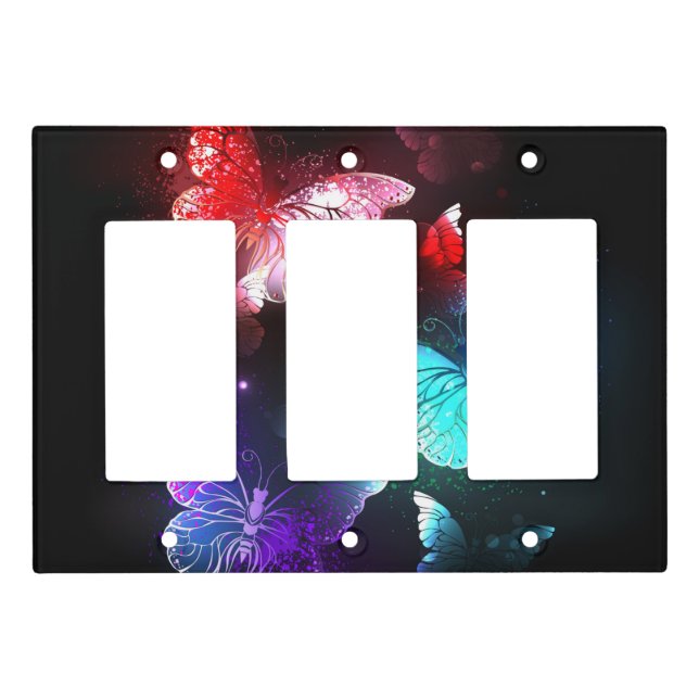 Three Glowing Butterflies on night background Light Switch Cover (Front)
