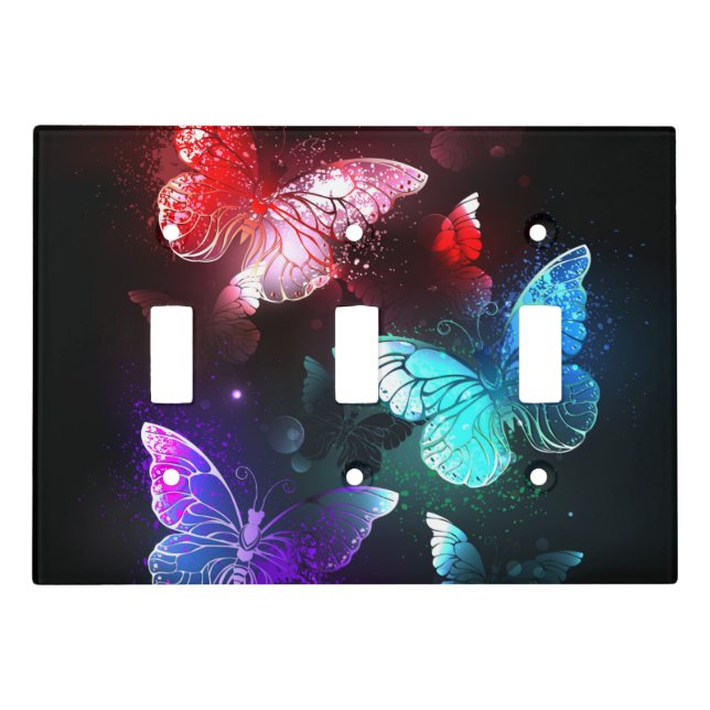 Three Glowing Butterflies on night background Light Switch Cover (Front)