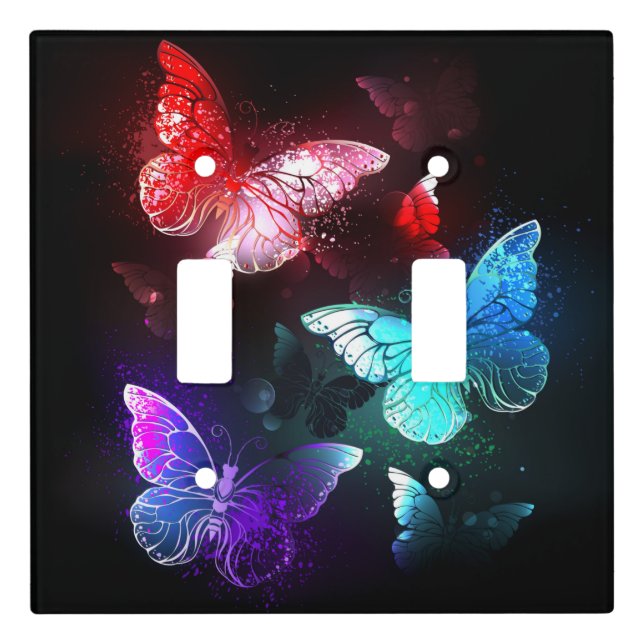 Three Glowing Butterflies on night background Light Switch Cover (Front)