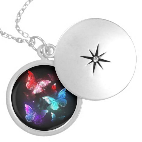 Three Glowing Butterflies on night background Locket Necklace