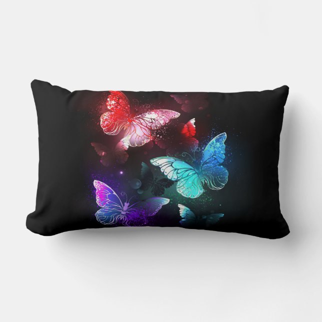 Three Glowing Butterflies on night background Lumbar Pillow (Front)