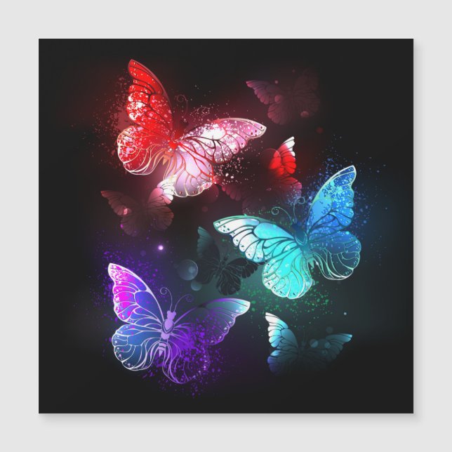 Three Glowing Butterflies on night background Magnetic Invitation (Front)