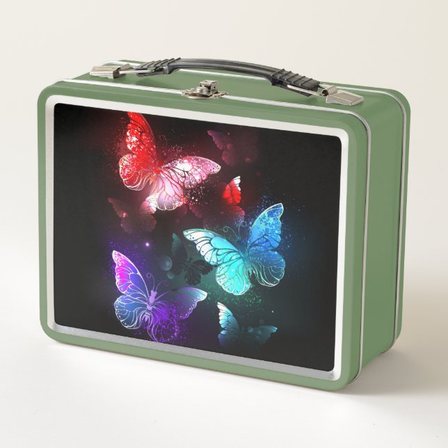 Three Glowing Butterflies on night background Metal Lunch Box (Front)
