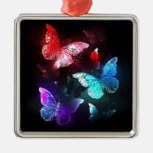 Three Glowing Butterflies on night background Metal Ornament