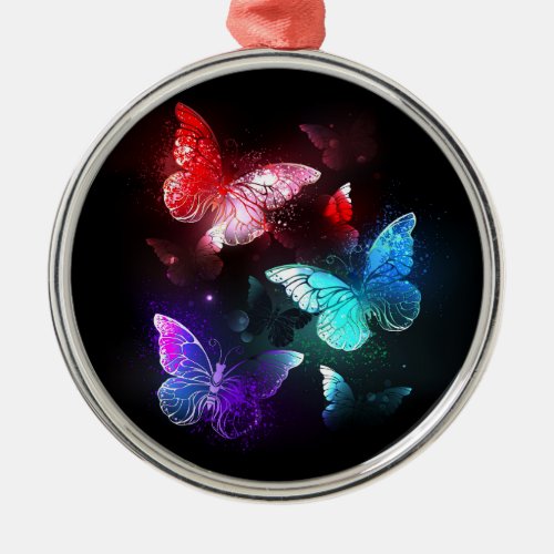 Three Glowing Butterflies on night background Metal Ornament