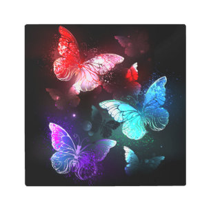 Three Glowing Butterflies on night background Metal Print