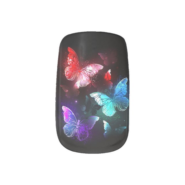Three Glowing Butterflies on night background Minx Nail Art (Left Thumb)