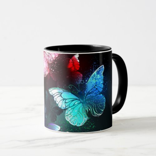 Three Glowing Butterflies on night background Mug