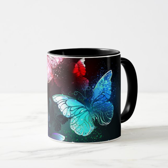 Three Glowing Butterflies on night background Mug (Front Right)