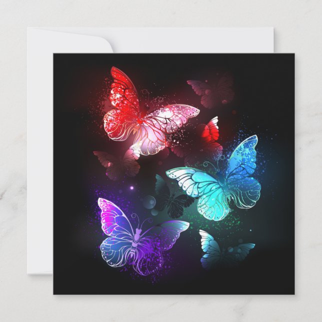 Three Glowing Butterflies on night background Note Card (Front)